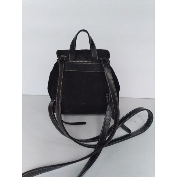 Vintage Black Corduroy Mini Backpack with Leather Trim Drawstring Casual Daypack - Picture 5 of 7